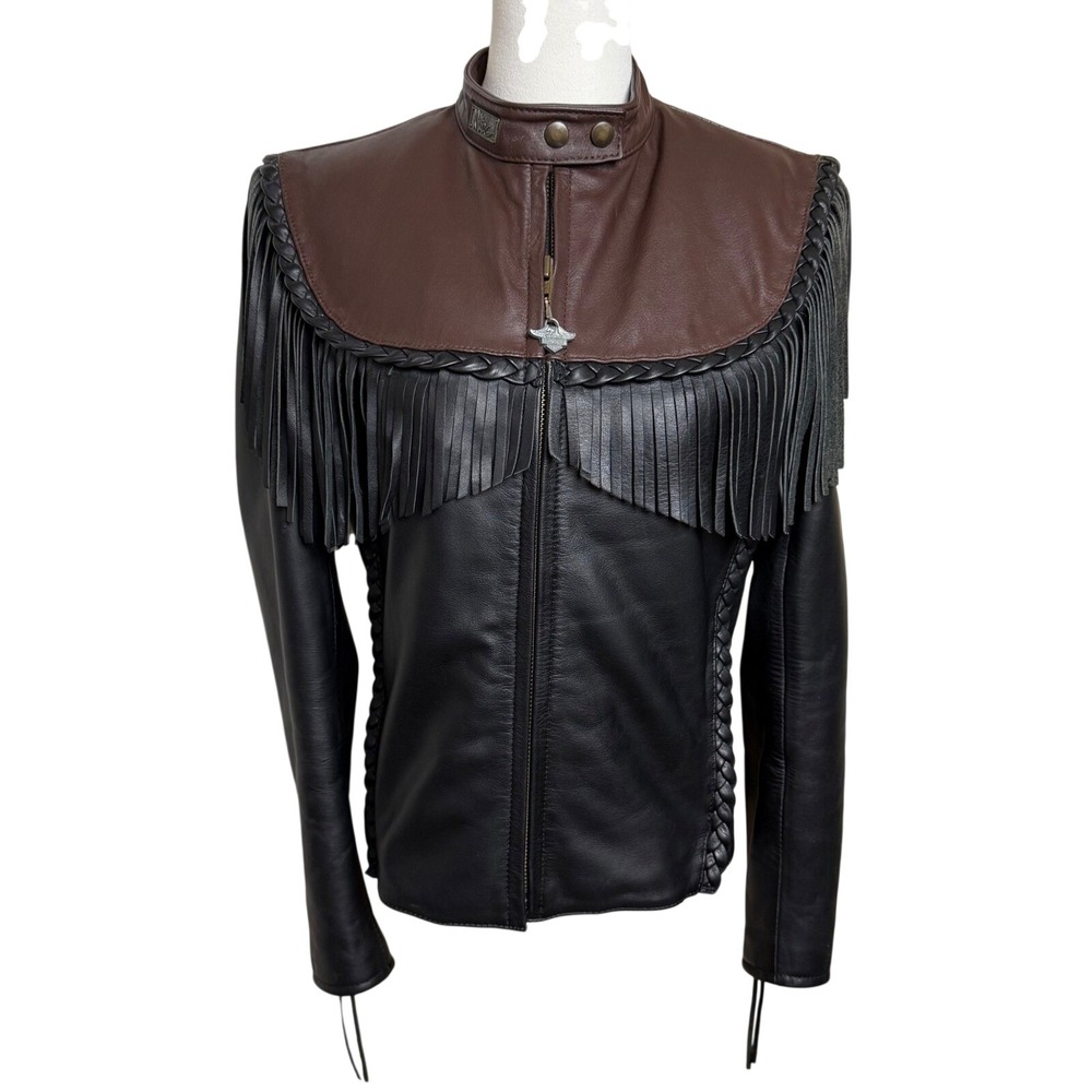 VTG Harley-Davidson Willie G Leather Fringe Biker Jacket Black Brown Western 36W